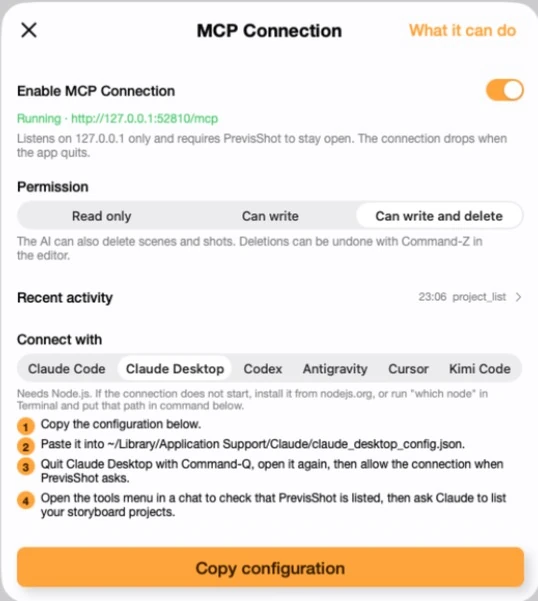 Previs Shot MCP Connection settings panel with the enable toggle, permission levels and AI client picker